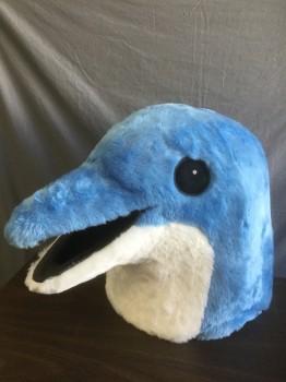 MARYLEN, Baby Blue, White, Polyester, Plastic, Dolphin HEAD -Furry Texture, Open Mouth, Black Mesh Eyes, Interior Fitted Head Piece. Package Includes: Body, + Non-coded Fins And Feet
