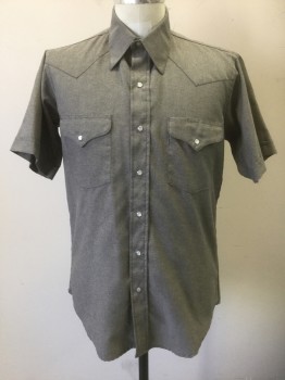 RUDDOCK, Gray, White, Cotton, Polyester, 2 Color Weave, Short Sleeves, Snap Front, Collar Attached, Light Smoky Gray/Silver Snaps, Western Style Yoke, 2 Pockets with Snap Closures,