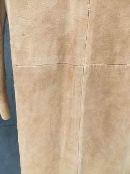 N/L, Caramel Brown, Leather, Fur, Solid, Leather Covered Button Front, 2 Pockets, Long Sleeves, No Collar, Fur Collar Hand Sewn Attached Away From Neck