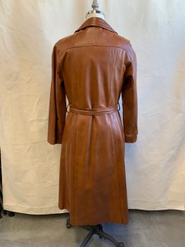 N/L, Brown, Leather, Solid, Long Coat, Collar Attached, Notched Lapel, Raglan Long Sleeves, Leather Covered Buttons, Waist Seam, 2 Patch Pockets with Ribbed Panels, Self Belt