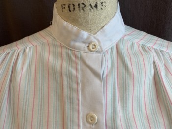 G.A.L.S, White, Pink, Teal Blue, Gray, Polyester, Cotton, Stripes - Vertical , 1980s, Solid White Mandarin/Nehru Collar, Button Front Placket and Short Vertical Belt on Sleeves, 2 Pockets Bottom, NO BELT