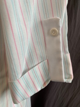 G.A.L.S, White, Pink, Teal Blue, Gray, Polyester, Cotton, Stripes - Vertical , 1980s, Solid White Mandarin/Nehru Collar, Button Front Placket and Short Vertical Belt on Sleeves, 2 Pockets Bottom, NO BELT