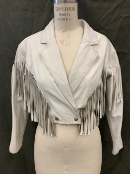 YUCATAN BAY, White, Leather, Solid, Double Breasted, Collar Attached, Notched Lapel, Snap Front, Shoulder Pads, V Shaped Fringe Back and Front, Long Sleeves,