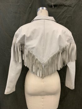 YUCATAN BAY, White, Leather, Solid, Double Breasted, Collar Attached, Notched Lapel, Snap Front, Shoulder Pads, V Shaped Fringe Back and Front, Long Sleeves,