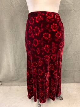 HARARI, Red, Dk Red, Rayon, Silk, Floral, Abstract , Skirt, Elastic Waistband, Ankle Length,
