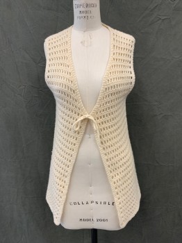 MTO, Cream, Wool, Solid, Open Knit Vest, V-neck, Self Tie Front, Long,