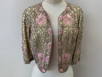 FANTASIA, Gold, Lt Pink, Lurex, Beaded, Floral, Swirl , Cropped Jacket, 3/4 Sleeves, Round Neck,  No Closures, Shiny Gold with Embroidered Flowers, Beaded Swirls and Pearls
