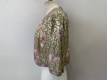 FANTASIA, Gold, Lt Pink, Lurex, Beaded, Floral, Swirl , Cropped Jacket, 3/4 Sleeves, Round Neck,  No Closures, Shiny Gold with Embroidered Flowers, Beaded Swirls and Pearls