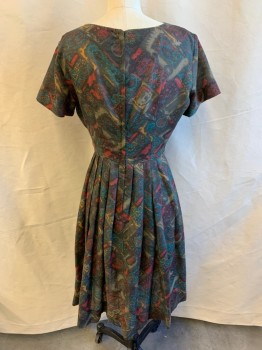 PARKSHIRE, Red, Dk Brown, Teal Blue, Amber Yellow, Black, Polyester, Floral, Geometric, Pleated Bust and Skirt, Short Sleeves, Bateau/Boat Neck, Zip Back, String Belt Loops