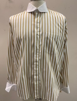 MODENA, White, Goldenrod Yellow, Dk Purple, Cotton, Stripes - Vertical , Woven "rope" Gold Stripe with Micro Side Stripe, L/S, White Contrast Collar & French Cuffs, Hidden Front Buttons, Single Pocket and Single Back Pleat