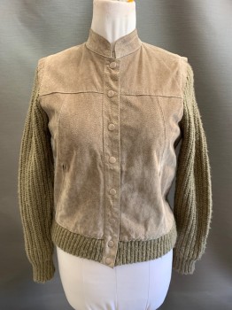 SWEATER BEE , Khaki Brown, Leather, Mandarin Collar, Snap Front, 2 Pockets, Knit Sleeves