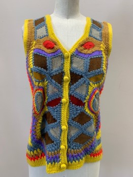 NO LABEL, Yellow, French Blue, Brown, Cherry Red, Periwinkle Blue, Polyester, Suede, Cable Knit, Sleeveless, V Neck, Crochet With Suede Patches, B.F., Made To Order