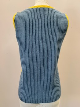 NO LABEL, Yellow, French Blue, Brown, Cherry Red, Periwinkle Blue, Polyester, Suede, Cable Knit, Sleeveless, V Neck, Crochet With Suede Patches, B.F., Made To Order