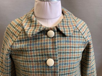 BRITANNICAL, Tan Brown, Olive Green, Turquoise Blue, Beige, Red, Wool, Plaid - Tattersall, 4 Cream Plastic Buttons, 2 Pockets, Raglan Sleeves,