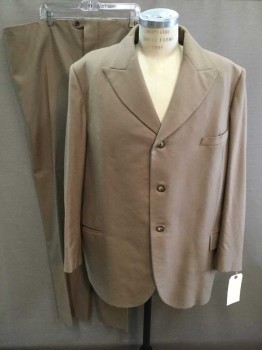 MTO, Lt Brown, Wool, Solid, Single Breasted, 3 Buttons, Peaked Lapel, 3 Pockets, Made To Order