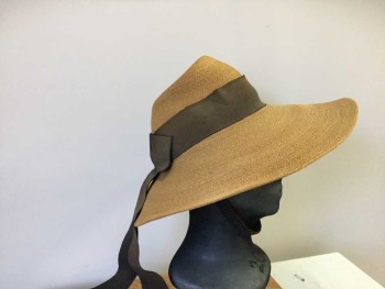 The May Co., Caramel Brown, Chocolate Brown, Straw, Silk, Caramel Straw Floppy Wide Brim Hat, Wide Chocolate Grosgrain Ribbon/Bow Hat Band, Elastic Chocolate Chin Strap