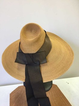 The May Co., Caramel Brown, Chocolate Brown, Straw, Silk, Caramel Straw Floppy Wide Brim Hat, Wide Chocolate Grosgrain Ribbon/Bow Hat Band, Elastic Chocolate Chin Strap