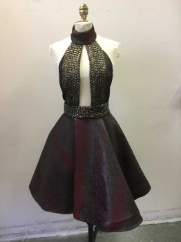 Mto, Wine Red, Black, Pewter Gray, Polyester, Nylon, Animal Print, Halter Dress with Matching Belt. Black & Wine Reptile Brocade Skirt with  Foam Padded Underskirt. Halter Made of Reptile Brocade Fabric with Black Painted Gold Bead Trim at Plunge Center Front, and on Matching Belt. Zip Center Back. Circular Skirt