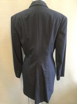 NORMA KAMALI, Navy Blue, Gray, Wool, Stripes - Pin, Single Breasted, 1 Button, Peak Lapel, Tailcoat Like Appearance with Longer Hem In Back, Padded Shoulders,