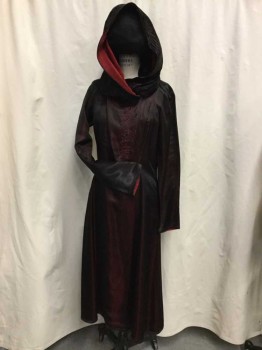 MTO, Dk Red, Black, Synthetic, Solid, Full Length, Raglan Long Sleeves, Front Side Closure with Hook & Eyes, Draped Full Pleated Hood, Shot Polyester, Ambiguous Asian Writing Down Front Panel, Multiples,