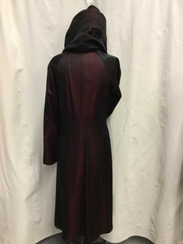 MTO, Dk Red, Black, Synthetic, Solid, Full Length, Raglan Long Sleeves, Front Side Closure with Hook & Eyes, Draped Full Pleated Hood, Shot Polyester, Ambiguous Asian Writing Down Front Panel, Multiples,