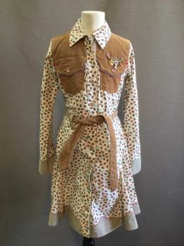 OILILY, White, Pink, Blue, Green, Brown, Cotton, Floral, Novelty Pattern, White Background with Floral Print with Pale Blue Bow/bells, Button Front, Brown Corduroy Western Yoke, 2 Pocket with Purple Sheared Trim, Collar Attached, Brown/Green/white Herringbone Cuff, Hem Trim/ Belt Loops, Long Sleeves, Belt with Herringbone Pattern on One Side and Corduroy on the Other, Crown/key/shoe Metal Baubles Above Left Pocket