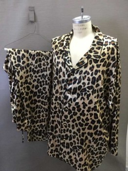N/L, Tan Brown, Brown, Black, Polyester, Animal Print, Leopard Spot Pattern Poly Satin, Black Piping, L/S, Buttons Are Black And Gold