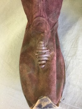 N/L, Red Burgundy, Suede, Solid, Knee High Burgundy Suede, Curled Up Pointed Toe, Flat/No Heel, Side Zip, Brown Leather Stitching/Embroidery, Middle Eastern Historical