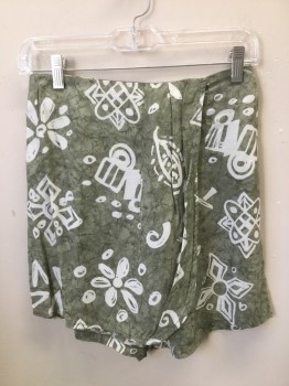 STRAIGHT DOWN, Olive Green, White, Rayon, Novelty Pattern, Skort - White Batik Print ( Repair Needed at Fly Front)