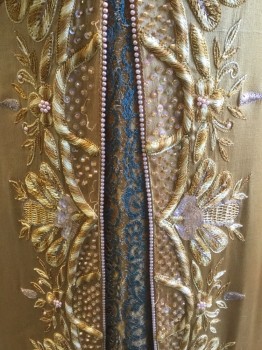 MTO, Gold, Teal Blue, Silk, Solid, Floral, Beautiful Evening Gown, Gold Silk with Delicate Teal Lace Appliqués, Gold and Lt Gold Floral Embroidery with Clear Sequins, Empire Waist with Faux Long Jacket with Open V All the Way Down, Lt Pink Pearl Trim, Back Has a Long Train Panel,
