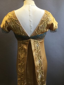 MTO, Gold, Teal Blue, Silk, Solid, Floral, Beautiful Evening Gown, Gold Silk with Delicate Teal Lace Appliqués, Gold and Lt Gold Floral Embroidery with Clear Sequins, Empire Waist with Faux Long Jacket with Open V All the Way Down, Lt Pink Pearl Trim, Back Has a Long Train Panel,