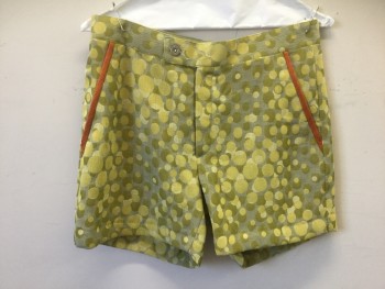 N/L MTO, Lime Green, Chartreuse Green, Taupe, Orange, Polyester, Abstract , Swim Trunks, Lime/Chartreuse Overlapping Circles Pattern, Orange Trim on 2 Side Pockets, Zip Fly, Button Tab Waist, 4.5" Inseam, Made To Order