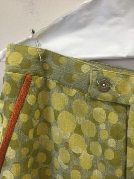 N/L MTO, Lime Green, Chartreuse Green, Taupe, Orange, Polyester, Abstract , Swim Trunks, Lime/Chartreuse Overlapping Circles Pattern, Orange Trim on 2 Side Pockets, Zip Fly, Button Tab Waist, 4.5" Inseam, Made To Order