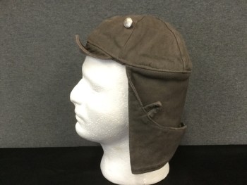MTO, Dk Gray, Cotton, Solid, Beanie Cap, Soft Brim, Large Ear flaps, Silver Button & Loops to Hold Ear flaps Back, Aged, Flight Helmet Style