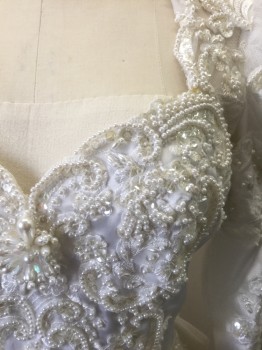 N/L, White, Polyester, Solid, Floral, Satin with Off White Lace in Ornate Pattern Across Bodice, Shoulders, Upper Back and Sleeves,with Pearls and Clear Sequined Detail Throughout, V Shaped Detail at Waist, Long Sleeves, Top of Sleeves are Puffy Tulle While Rest of Sleeve is Form Fitting, Plunging Sweetheart Bust, Open Detail at Back Shoulders with Hanging Beads, Oversized Self Fabric Bow with 2 Rosettes at Bum, Floor Length Tapered Skirt,