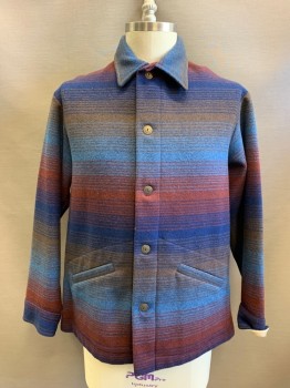 PENDELTON, Blue, Navy Blue, Brown, Red Burgundy, Wool, Stripes - Horizontal , Collar Attached, Single Breasted, Button Front, 2 Slant Pockets
