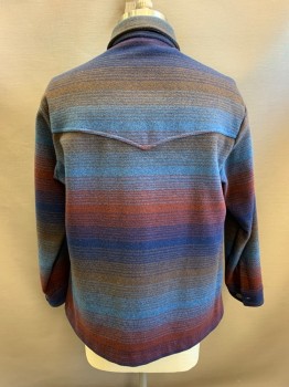 PENDELTON, Blue, Navy Blue, Brown, Red Burgundy, Wool, Stripes - Horizontal , Collar Attached, Single Breasted, Button Front, 2 Slant Pockets