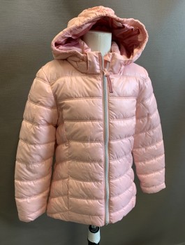 H&M, Lt Pink, Polyester, Solid, Girls Puffer Jacket, Zip Front, Hooded, 2 Pockets