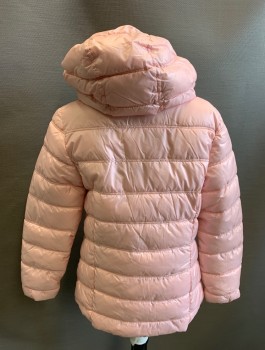 H&M, Lt Pink, Polyester, Solid, Girls Puffer Jacket, Zip Front, Hooded, 2 Pockets
