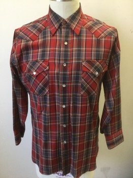 PENDLETON, Red, Charcoal Gray, Black, White, Brown, Wool, Plaid, Long Sleeves, Gray and Silver Snap Closures at Front, Collar Attached, Western Style Yoke and Pocket Flaps, 2 Pockets, Vintage