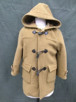 SKHUABAN, Camel Brown, Acrylic, Wool, Solid, Brown Leather and Toggle Over Zip Front, 2 Flap Pockets, Attached Hood, Button Tab at Cuff