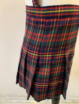 N/L, Navy Blue, Red, Yellow, Wool, Plaid, Above-Knee Skirt with Pleats, 2 Silver Buckles at Hip, 1" Wide Straps Attached That Cross in Back