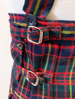 N/L, Navy Blue, Red, Yellow, Wool, Plaid, Above-Knee Skirt with Pleats, 2 Silver Buckles at Hip, 1" Wide Straps Attached That Cross in Back