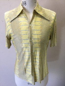 SEARS MEN'S FASHION, Lemon Yellow, Slate Blue, Mustard Yellow, Synthetic, Abstract , Reptile/Snakeskin, Ribbed Shiny Stretchy Material with Scales/Snakeskin Pattern, Short Sleeve Button Front, Collar Attached, Disco Club,