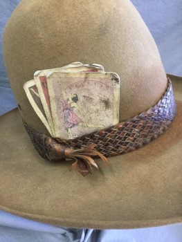 MTO, Brown, Dk Brown, Wool, Leather, Tall Rounded Crown, Curved Brim, Dark Brown Braided Leather Hatband with Fake Playing Cards, Aged, Hatband Attached with Topstick