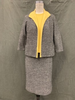 KIMBERLY, Black, White, Yellow, Wool, 2 Color Weave, Pointy Shawl Collar, Open Front, Knit Yellow Inside Collar/Trim, 3/4 Sleeve, 2 Pockets,