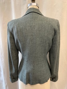 N/L, Gray, Black, Mint Green, Wool, Heathered, Self Fabric Covered Button Front, 3 Buttons, 1 Snap, Collar Attached, Notched Lapel, 2 Pockets, 2 Faux Flap Pockets, Long Sleeves, Rolled Back Cuff, *Moth Holes in Right Sleeve*