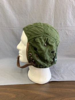 NO LABEL, Dk Olive Grn, Brown, Cotton, Faux Leather, Solid, Aged/Distressed, Liner For A Helmet With Brown Faux leather Trim & Neck Strap, Magnetic Closure
