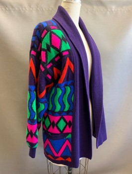 N/L, Multi-color, Purple, Hot Pink, Green, Red, Acrylic, Polyester, Geometric, Knit Cardigan/Jacket with Purple Acetate Lining, Shawl Collar, 2 Welt Pockets,