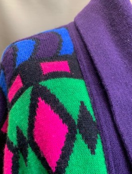 N/L, Multi-color, Purple, Hot Pink, Green, Red, Acrylic, Polyester, Geometric, Knit Cardigan/Jacket with Purple Acetate Lining, Shawl Collar, 2 Welt Pockets,